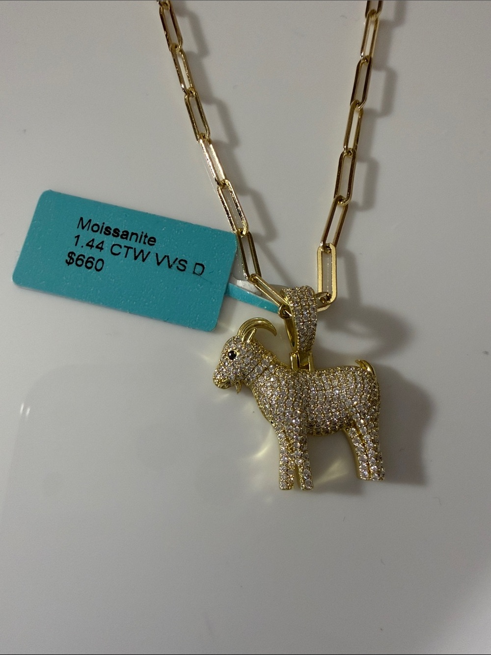 Gold Moissanite Goat Pendant Necklace - White Moissanite